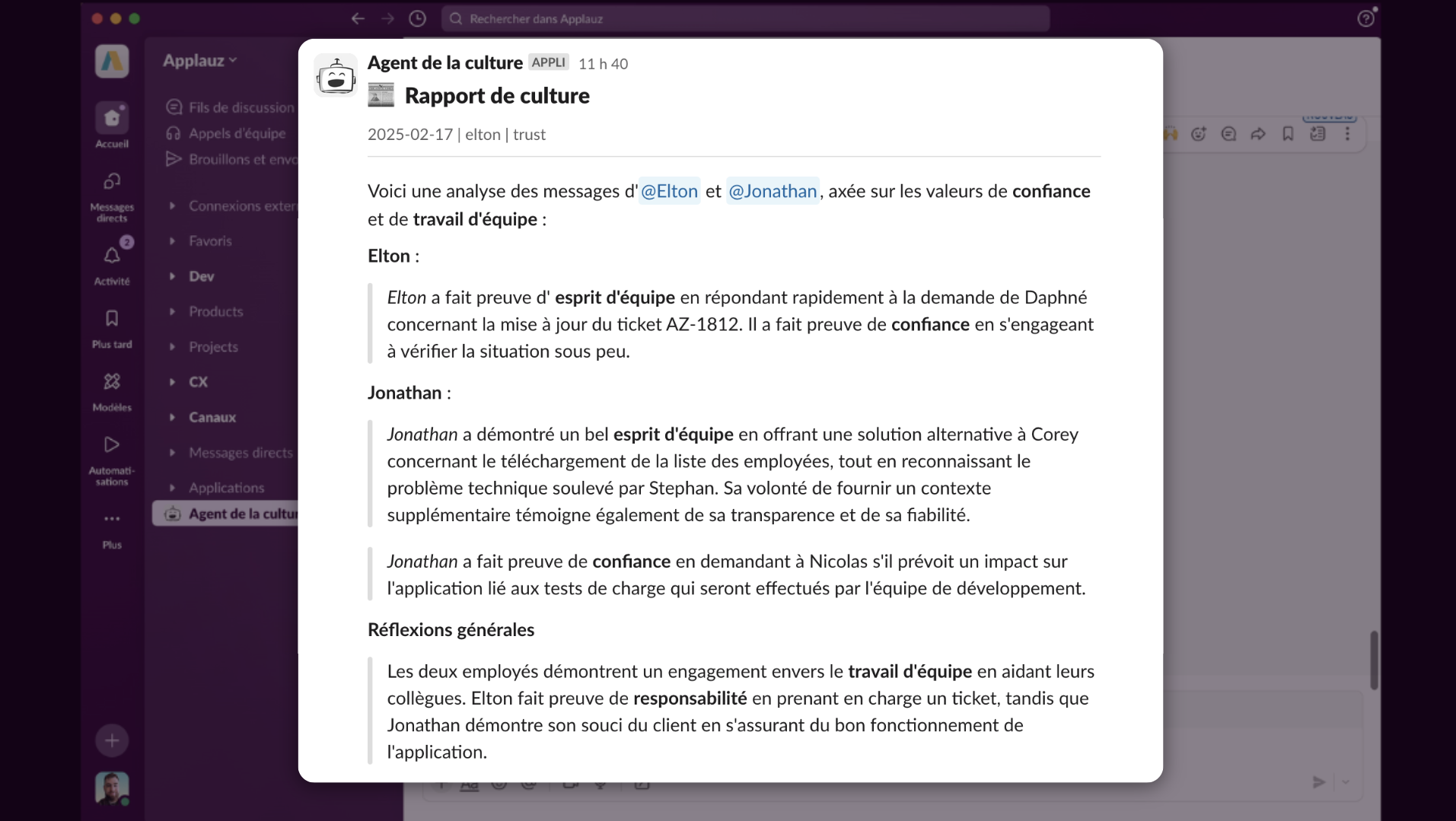 Démonstration de l'agent IA Applauz: résultats du rapport de culture