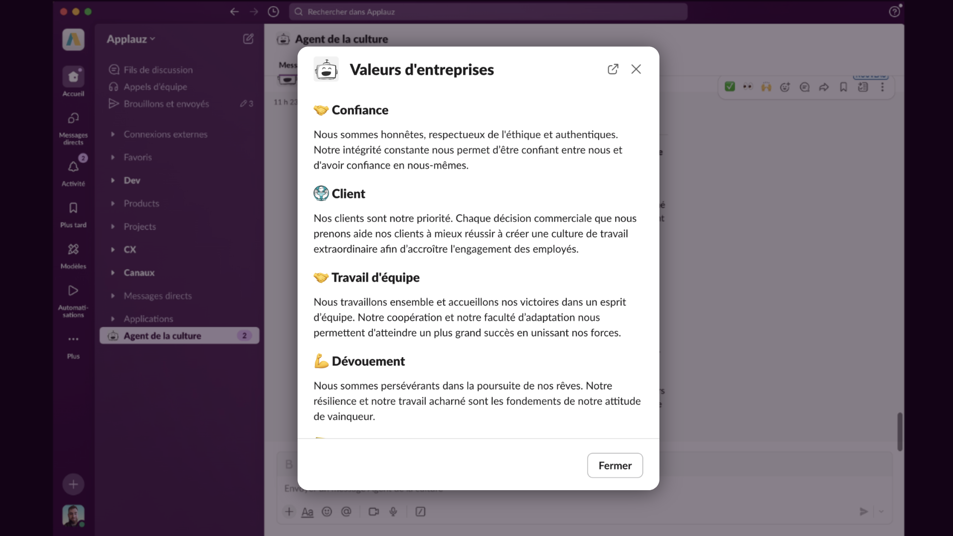 Démonstration de l'agent IA Applauz - Valeurs d'entreprises