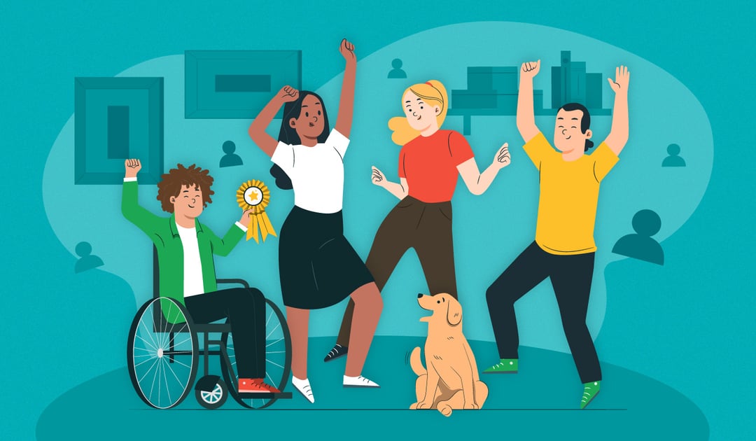 Happy-employees-dancing-celebrating-with-dog