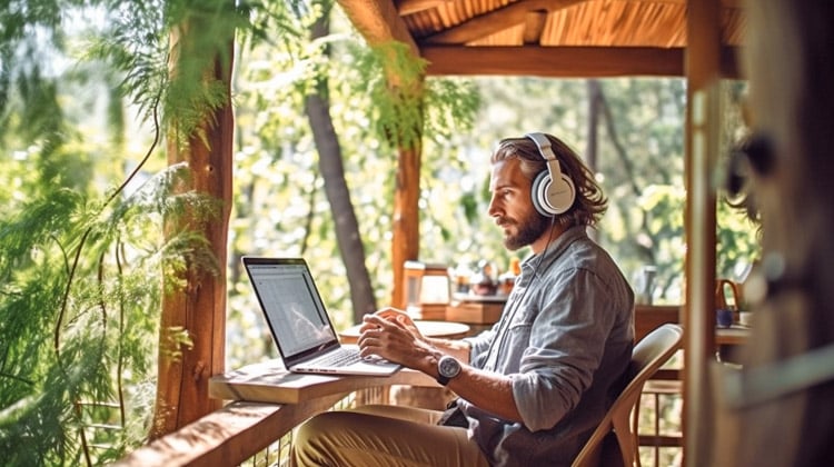 man-works-outside-tree-house-while-wearing-headphones-laptop-generative-ai-low-stance