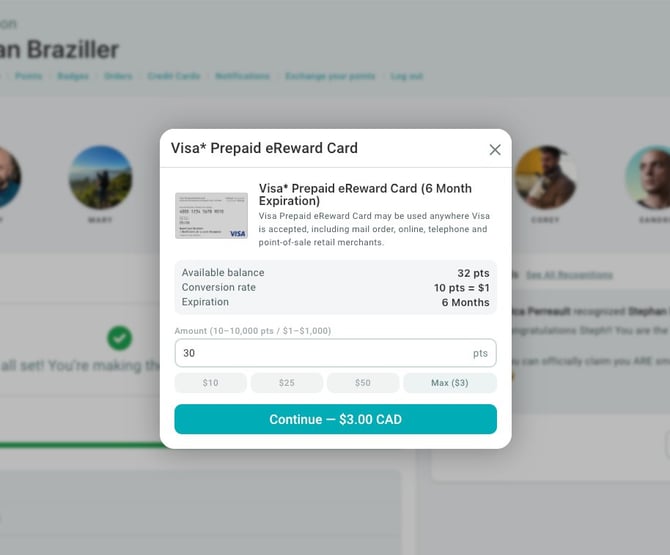 Visa card popup with the green Continue button showing the dollar amount