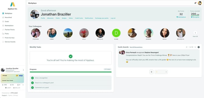 Applauz Workplace dashboard showing the Visa card widget in the bottom-left corner
