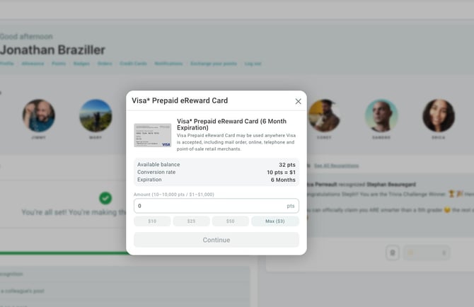 Visa Prepaid eReward Card popup showing amount selection options