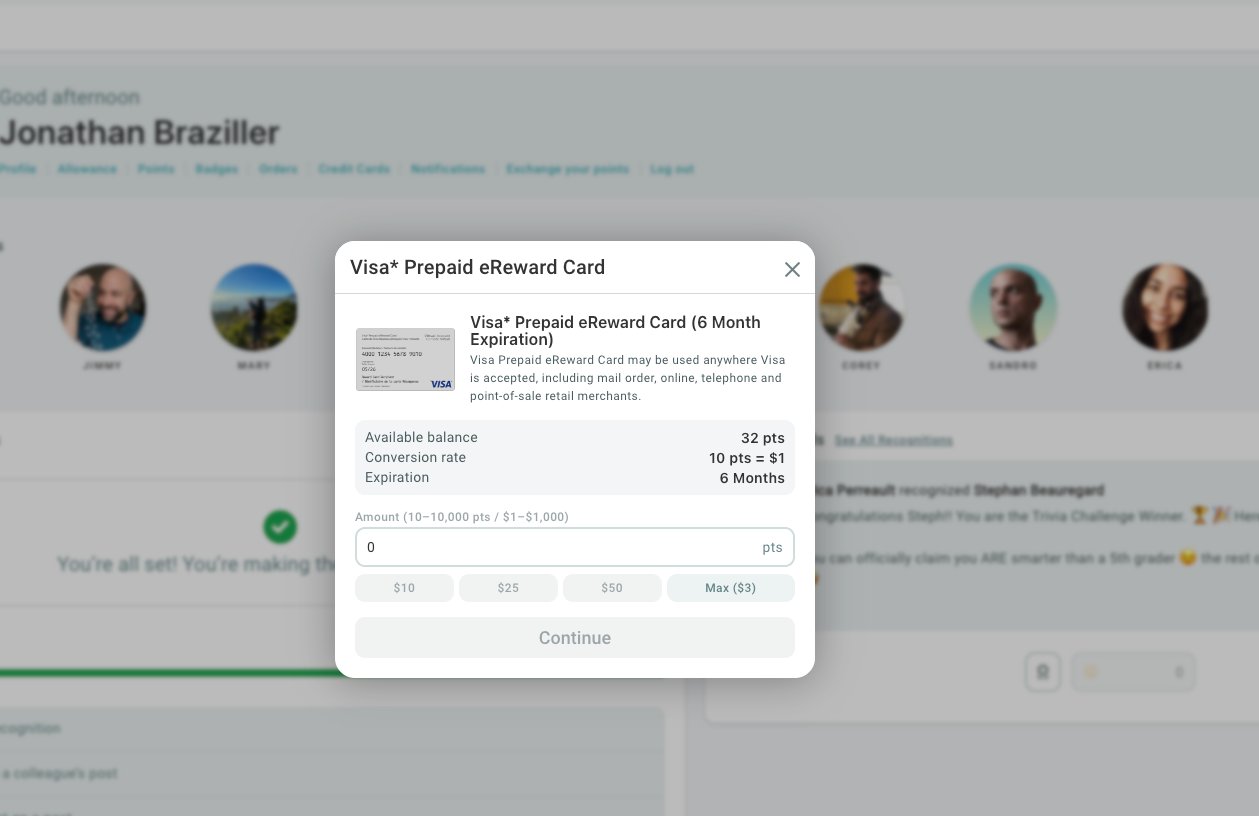 Fenêtre contextuelle de la carte Visa prépayée eReward montrant les options de sélection du montant